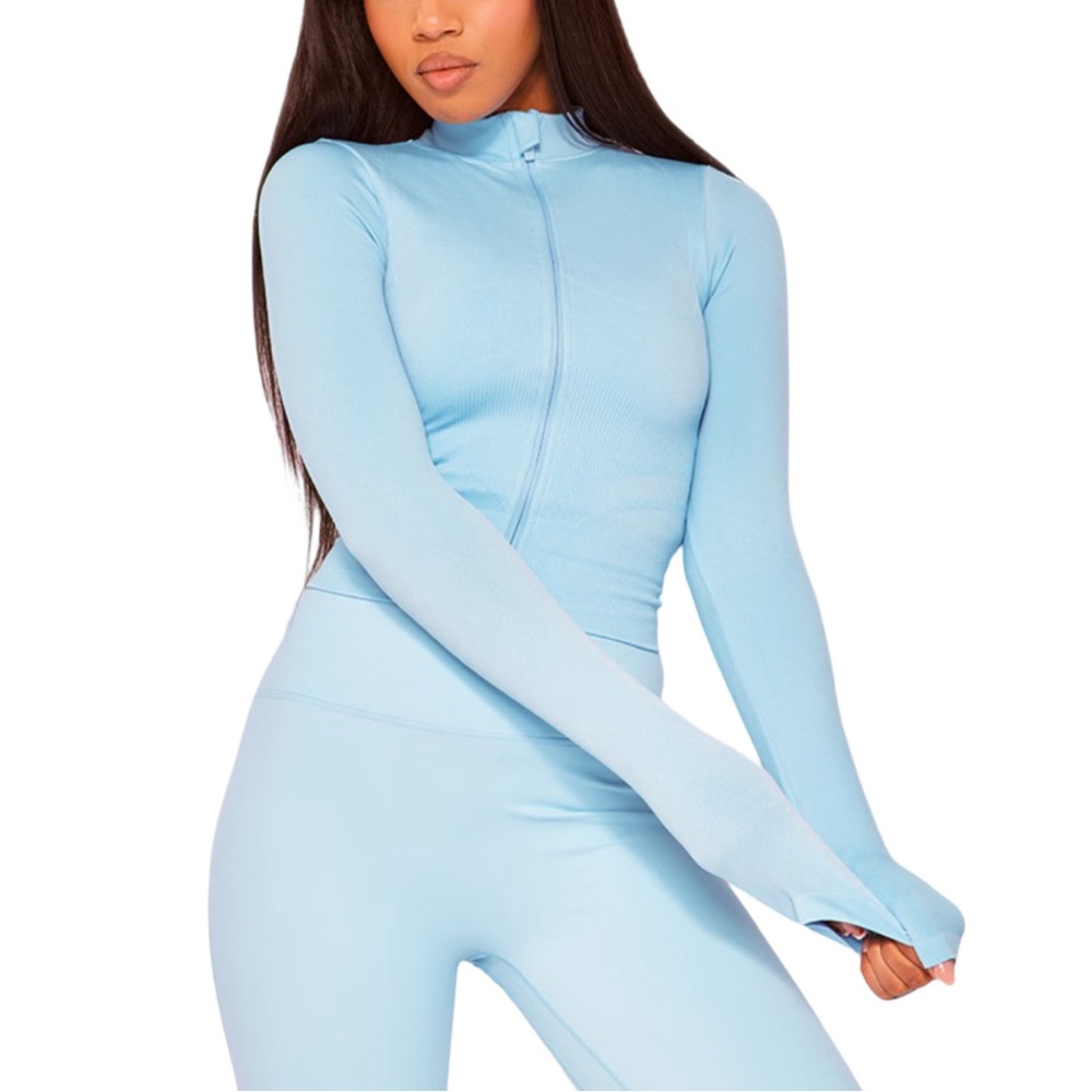 PRETTYLITTLETHING SPORT BRIGHT BLUE SEAMLESS BUST PANEL DETAIL ZIP UP JACKET